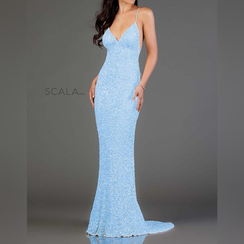 Scala Sky Baby Blue Backless V Neck Mermaid Gown Prom Dress Sequin 47551 Formal